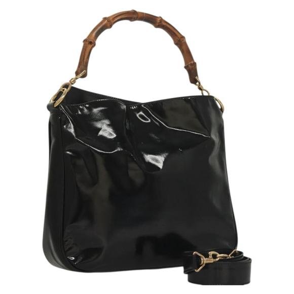 GUCCI Bamboo Hand Bag Enamel 2way Black Gold 001 1705 1638 Auth gh404 - Picture 1 of 16